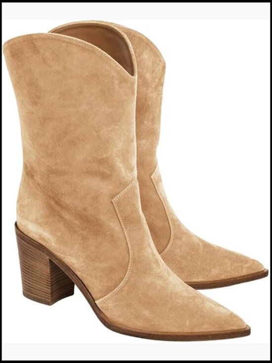 Shoes - Women's Mid Calf Cowboy Boots Chunky Block Heel Pointed Toe Western Cowgirl